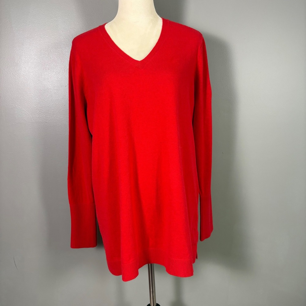 J Jill Red V Neck Sweater Tunic L Long Basic Classic Simple Easy Cozy Comfy Bold